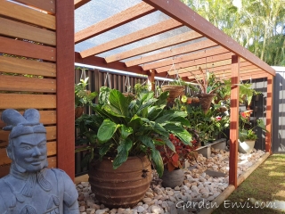 Pergola featuring Red Ironbark and Spotted Gum Screening available from Tradeware Building Supplies, Chandler, Brisbane
