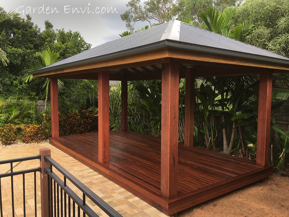 Gazebo featuring Merbau Decking with big end section Harwood Posts available from Tradeware Building Supplies, Chandler, Brisbane.