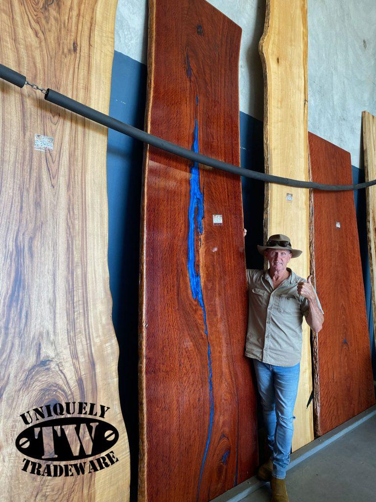 Upgrade your kitchen or dining room with this stunning Blue Gum Timber slab with electric blue resin from Tradeware Building Supplies.