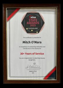 Mitch O'Mara was awarded recognition of being in the timber industry for 30 years at the NTHA State Awards 2025 Qld.